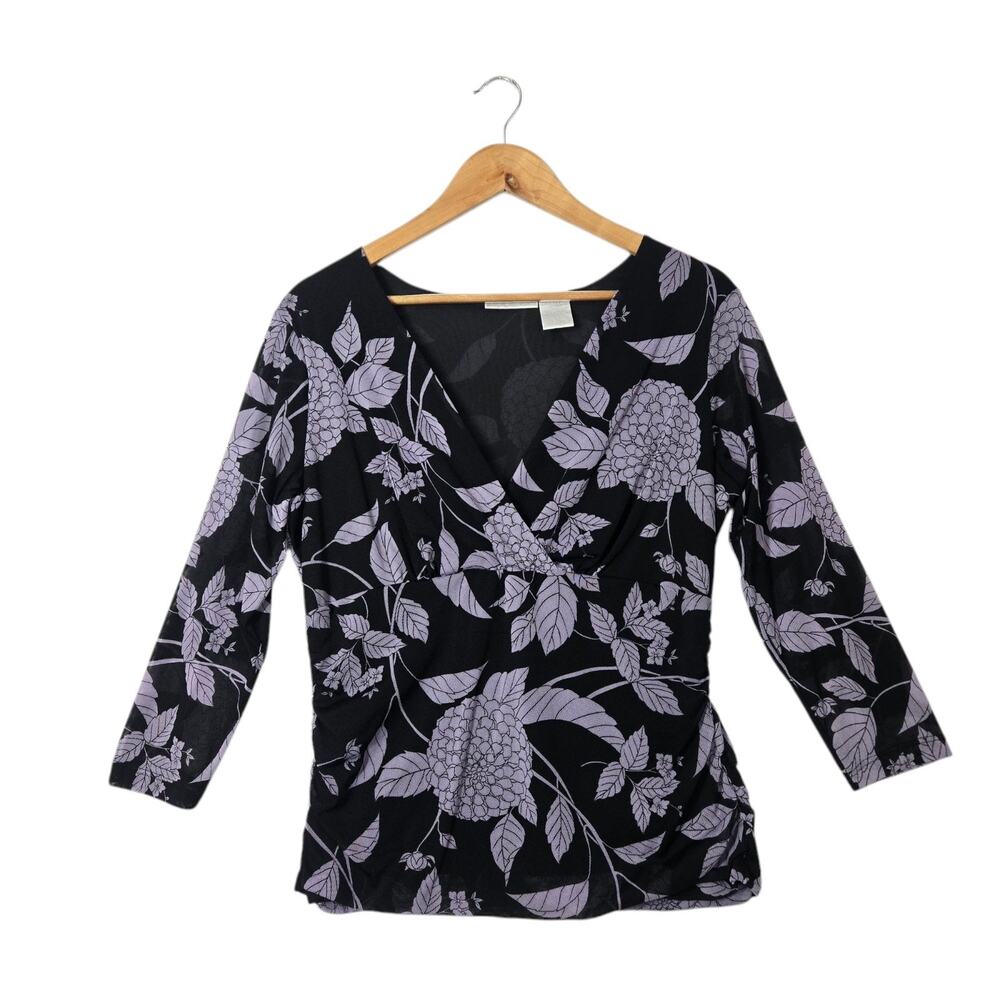 Y2K Vintage Mesh Floral Top sz XL Black Purple Dahlia Whimsigoth Fall Wrap